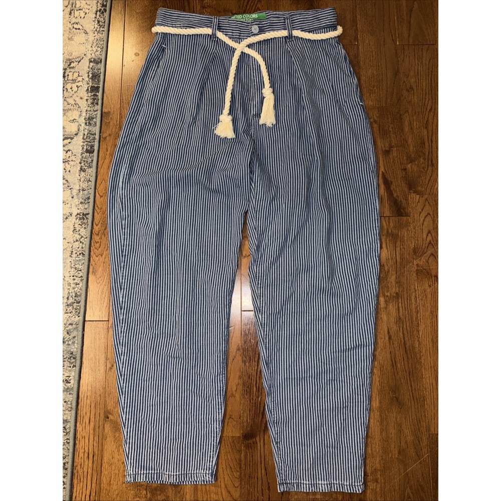 Vintage Benetton Italy 100% cotton Striped Rope Belt Barrel Style Pants SZ 10